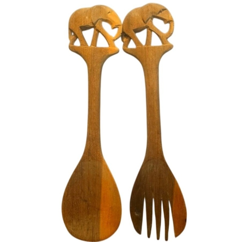 African Hand Carved Wood Elephant Salad Serving Set 12" Spoon & Fork Vintage